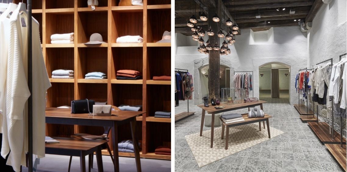 Eine Collage aus zwei Bildern eines Bekleidungsgeschäfts.