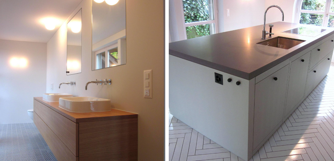 Ein Badezimmer und eine Küche mit Waschbecken und Spiegeln