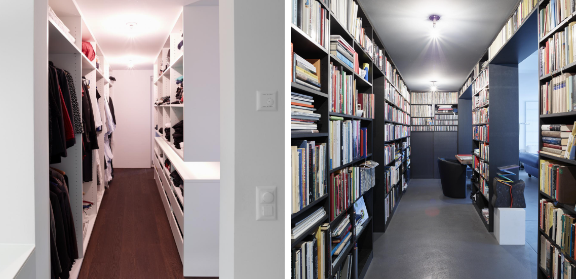 Ein Schrank und eine Bibliothek mit vielen Büchern in den Regalen.