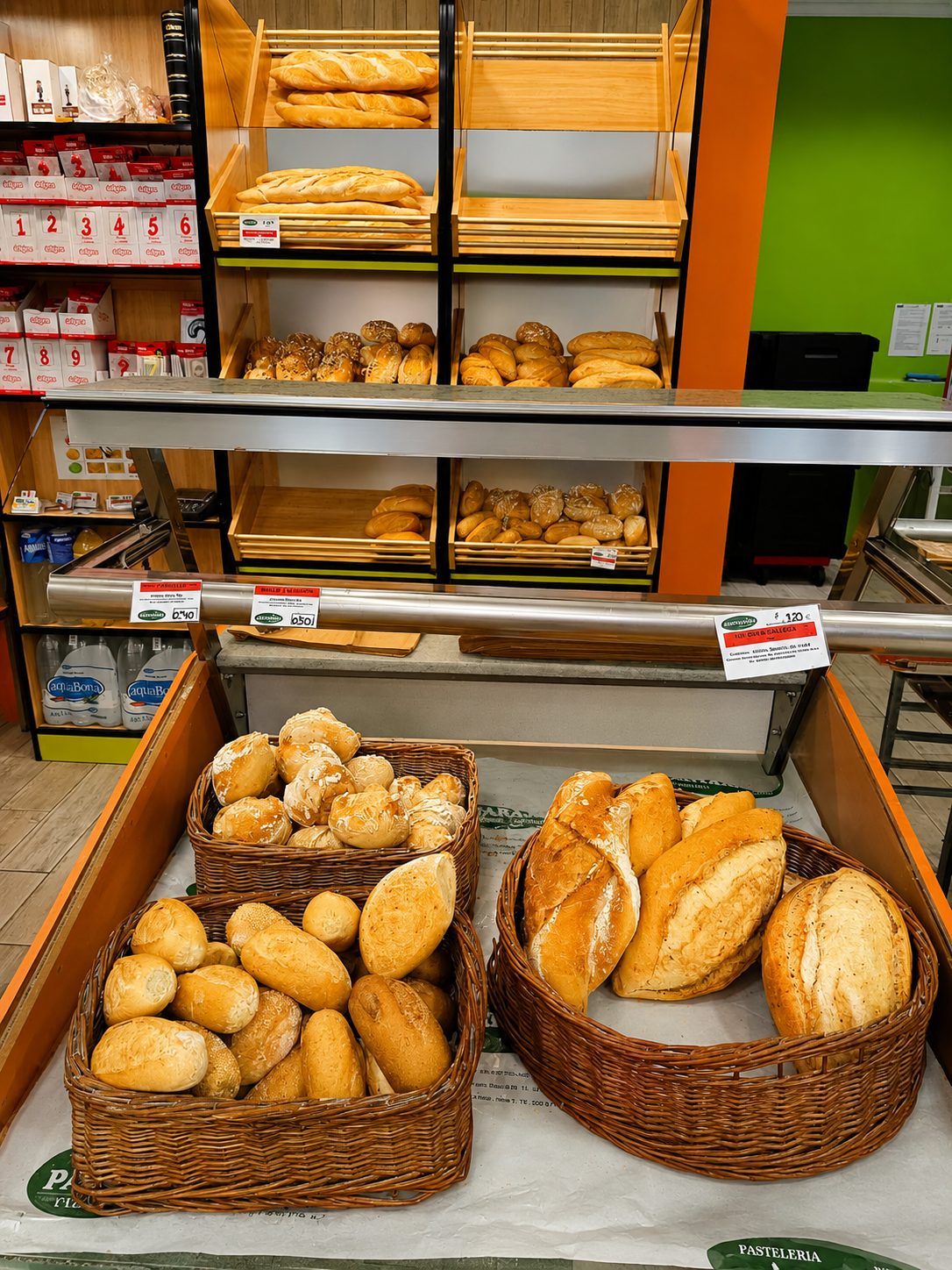 Exhibición de panadería con cestas de panes y bollos surtidos en estantes y un mostrador.