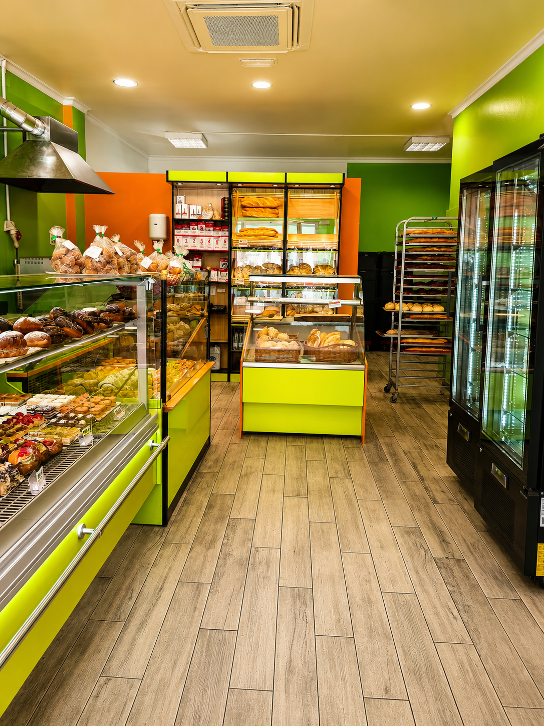 Pasillo de tienda de conveniencia de color verde brillante con bebidas refrigeradas y estantes de bocadillos.