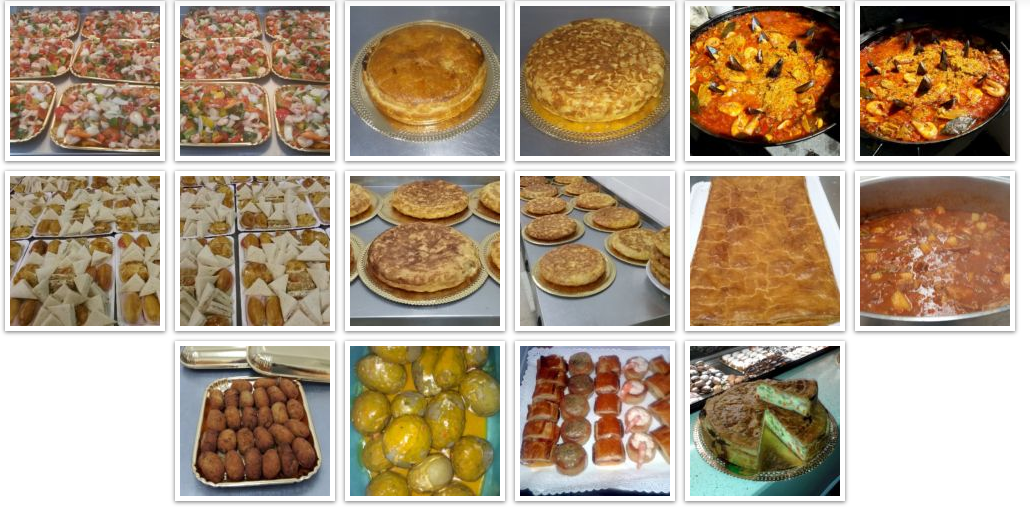 Collage de diversos platos horneados y bandejas de comida en tonos dorados, naranjas y blancos.