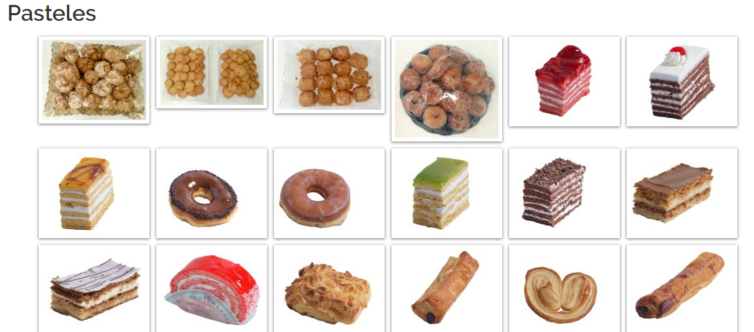 Variedad de pasteles y postres expuestos en una cuadrícula, incluyendo tartas, rosquillas y panecillos.