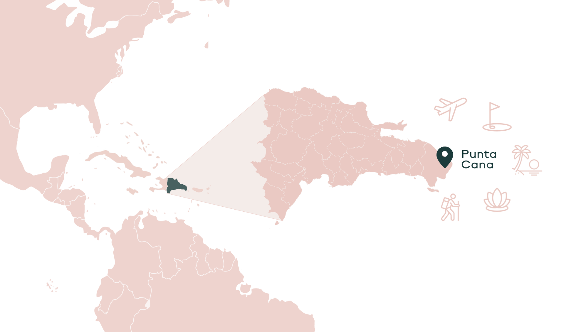 Map showing a route from Florida to Punta Cana, Dominican Republic, with location pins on a pale pink map.