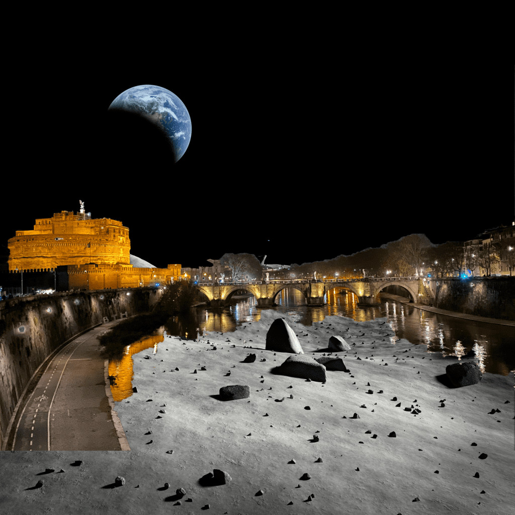 El perfil iluminado de Roma sobre un paisaje lunar; la Tierra visible en el cielo nocturno.