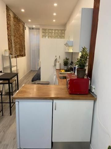 Pequeño rincón de cocina con armarios blancos, encimera de madera y plantas en macetas en un luminoso pasillo.