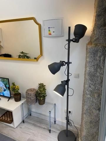 Rincón de la sala de estar con una lámpara de pie alta negra, plantas, espejo de pared y televisor sobre un soporte blanco.