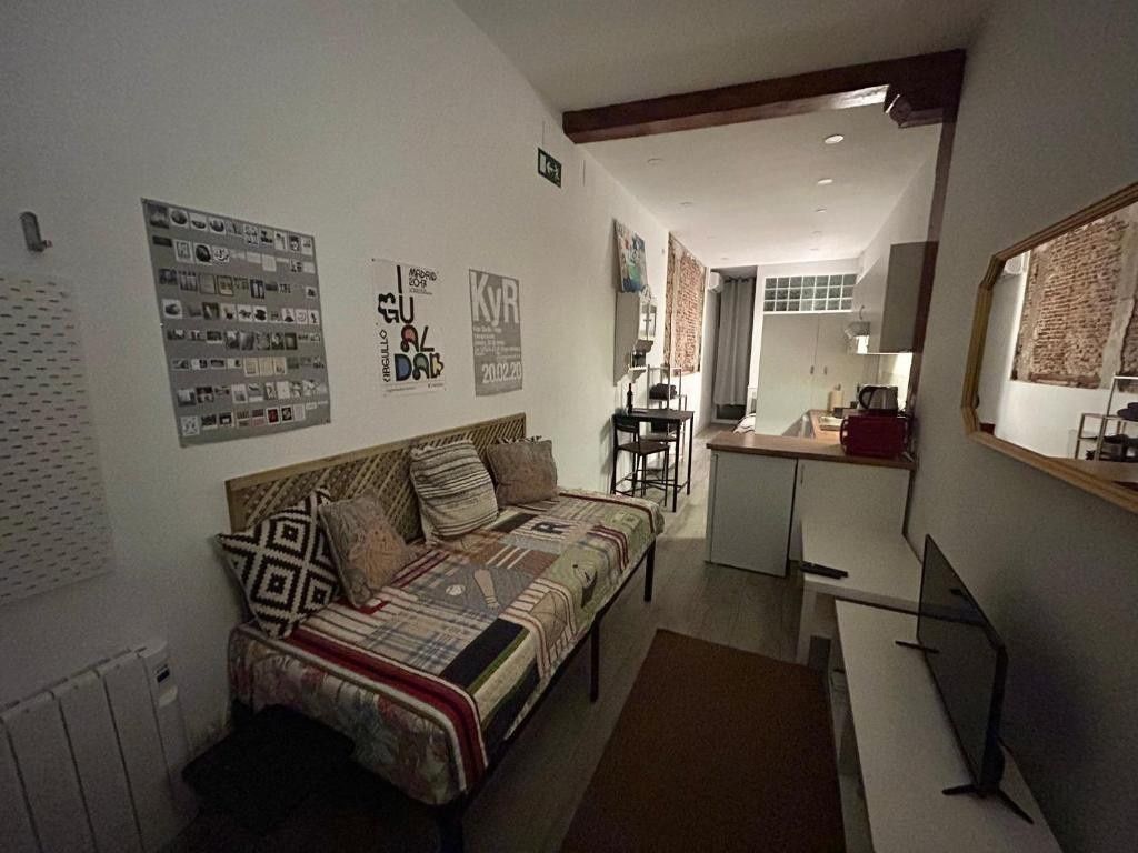 Salón estrecho con sofá estampado, cuadros en la pared, espejo y vistas a un dormitorio en la parte trasera.