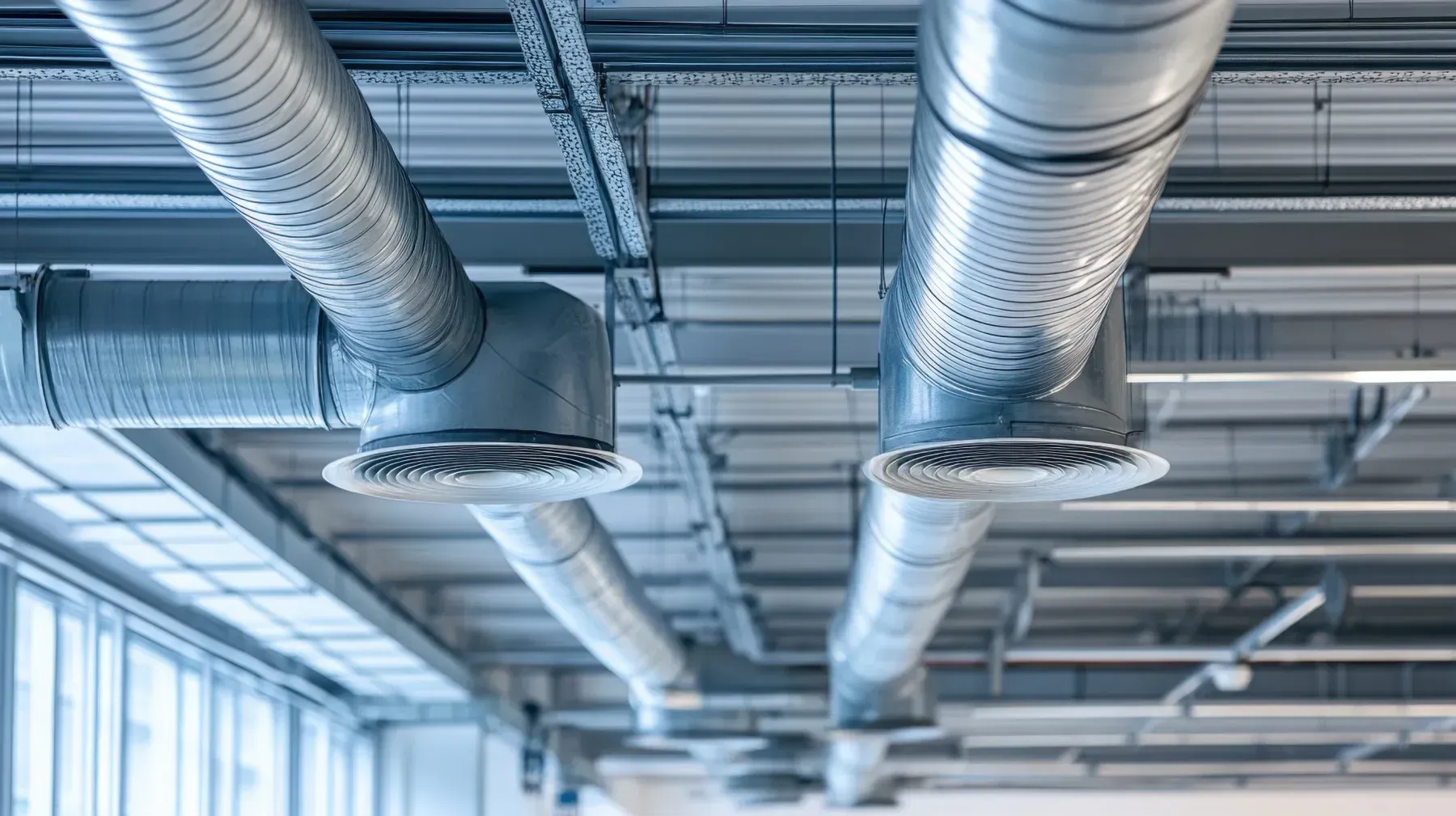 Techo industrial con grandes conductos de ventilación plateados en el interior de un edificio moderno y luminoso.
