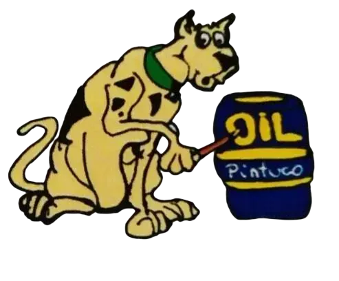 Perro de dibujos animados pintando una lata de pintura al &oacute;leo azul con un pincel, con una bufanda verde.