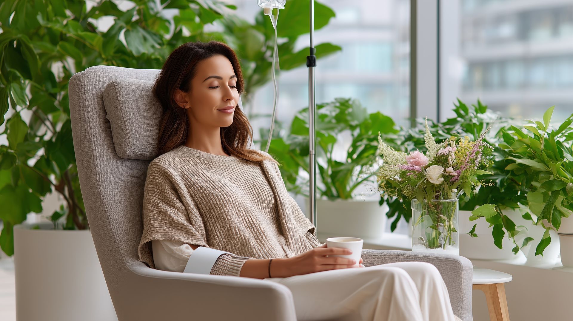 Une femme se détend dans un fauteuil avec un livre, entourée de plantes vertes dans une pièce lumineuse.