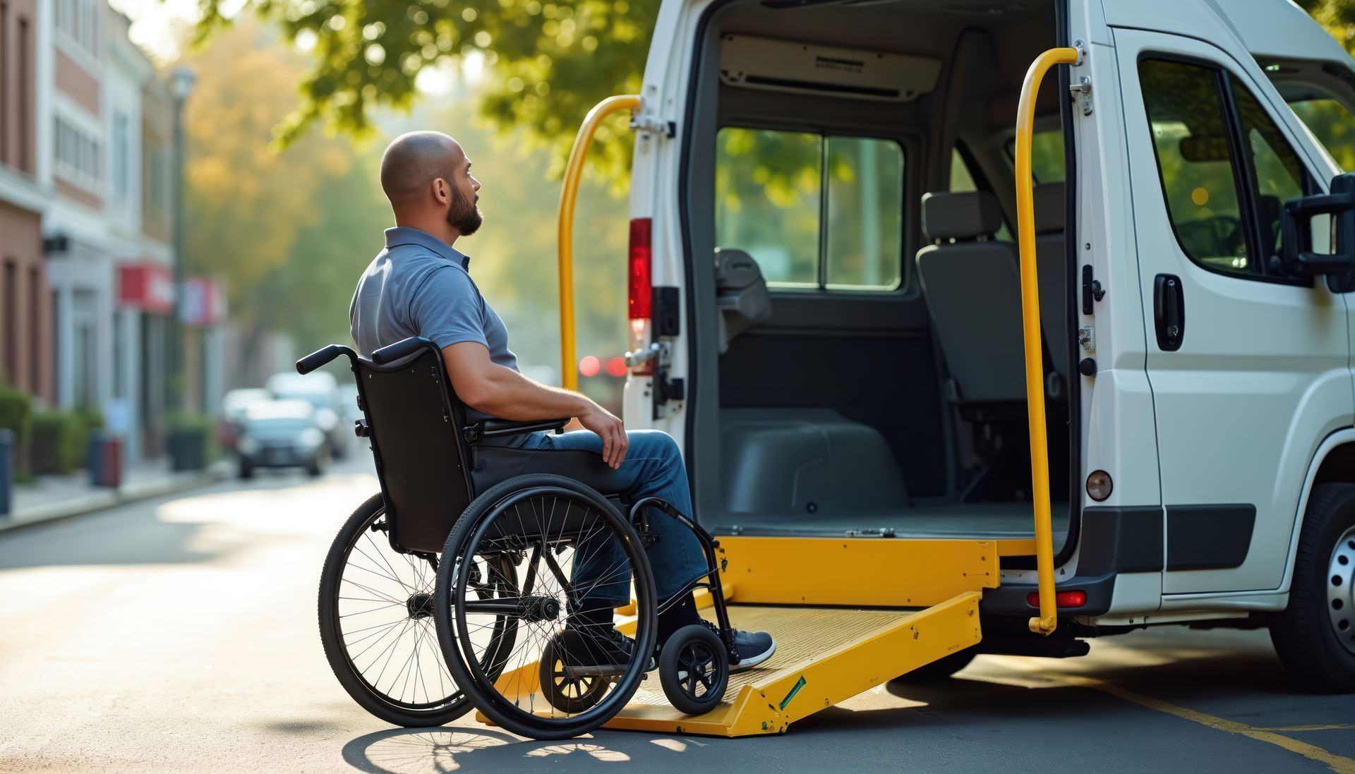 Un homme en fauteuil roulant monte à bord d'une camionnette blanche par une rampe jaune dans une rue de la ville.