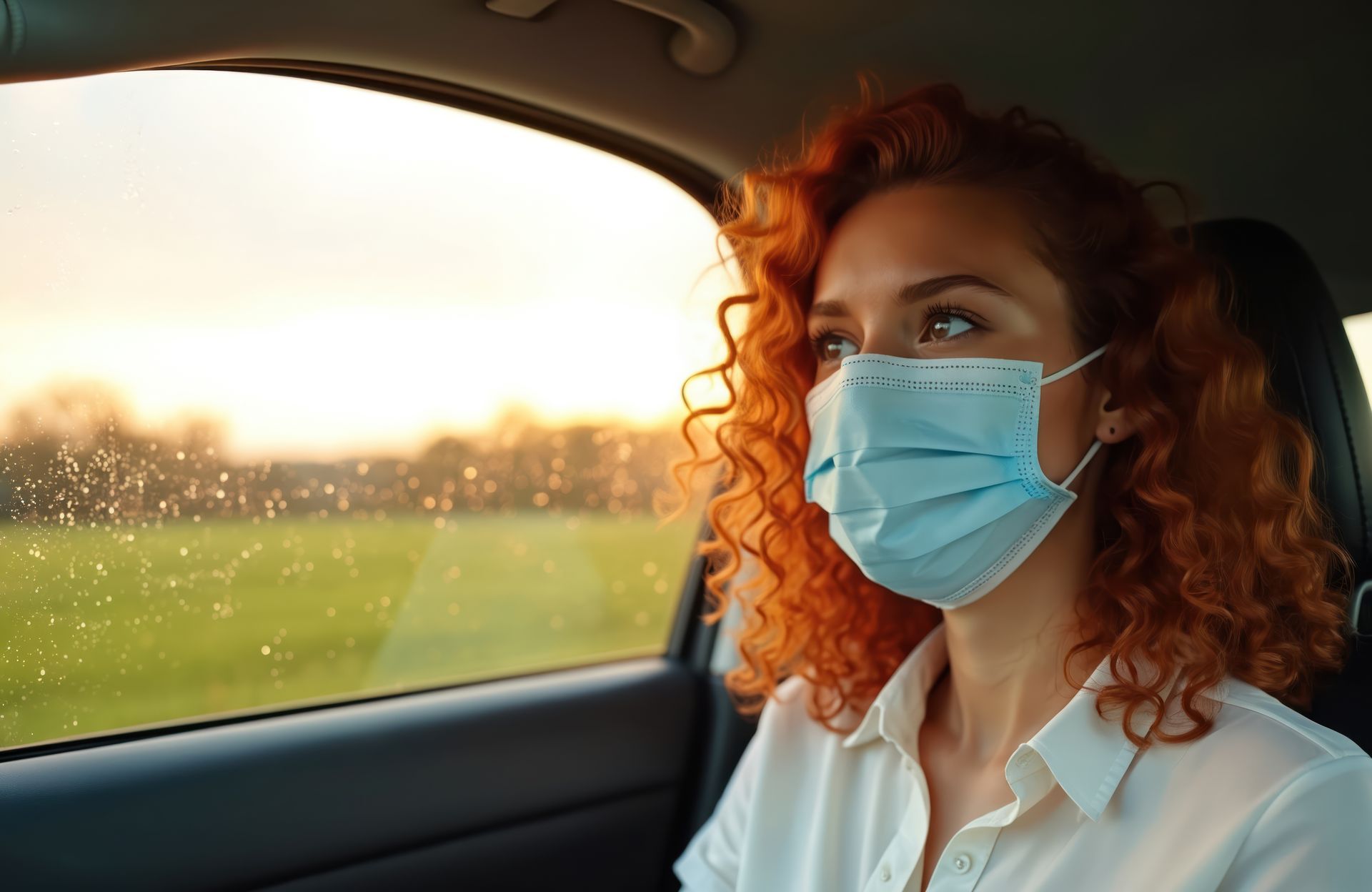 Une femme assise avec un masque sanitaire.
