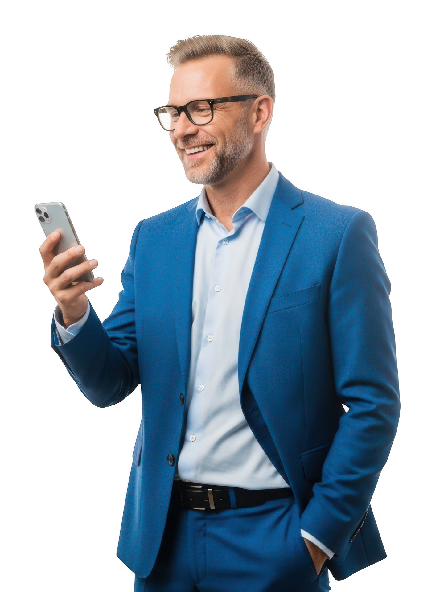 Un homme souriant en blazer bleu regarde un smartphone sur fond blanc.