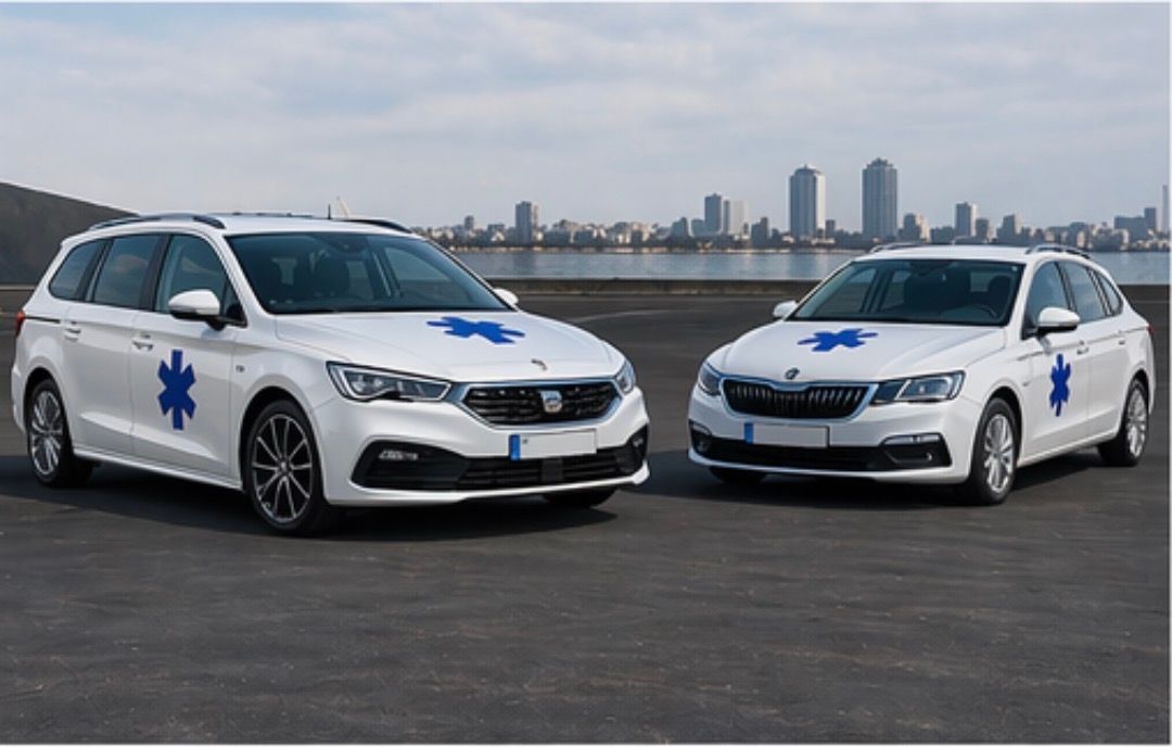 Deux ambulances qui sont garées l'une à côté de l'autre.