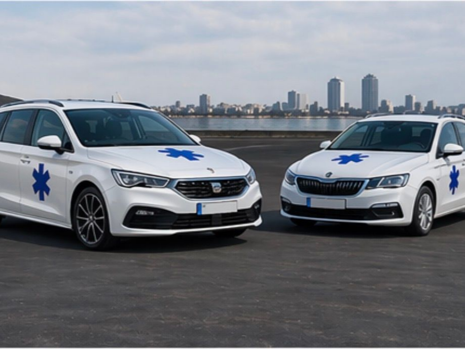 Deux ambulances blanches stationnées sur une route avec la silhouette d'une ville en arrière-plan.
