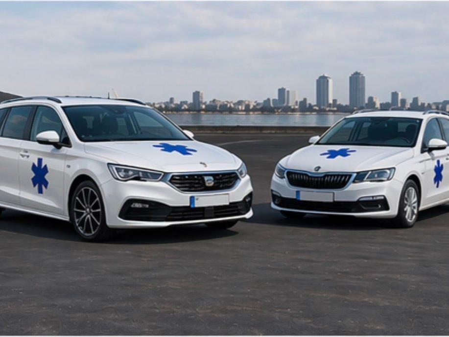 Deux ambulances ornées de symboles bleus de l'étoile de vie sont garées côte à côte.
