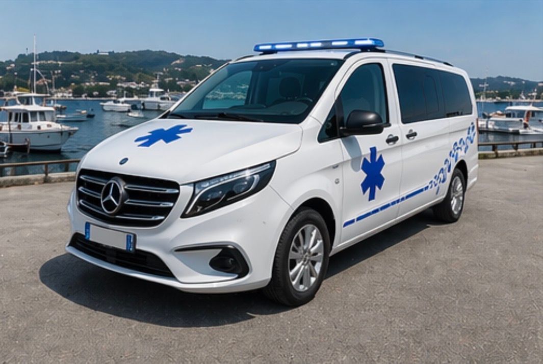 Ambulance Mercedes blanche stationnée près d'un port de plaisance, avec gyrophares bleus et symboles d'étoile de vie.