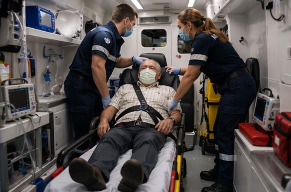 Des ambulanciers soignent un patient sanglé à l'intérieur d'une ambulance, avec du matériel médical à proximité.