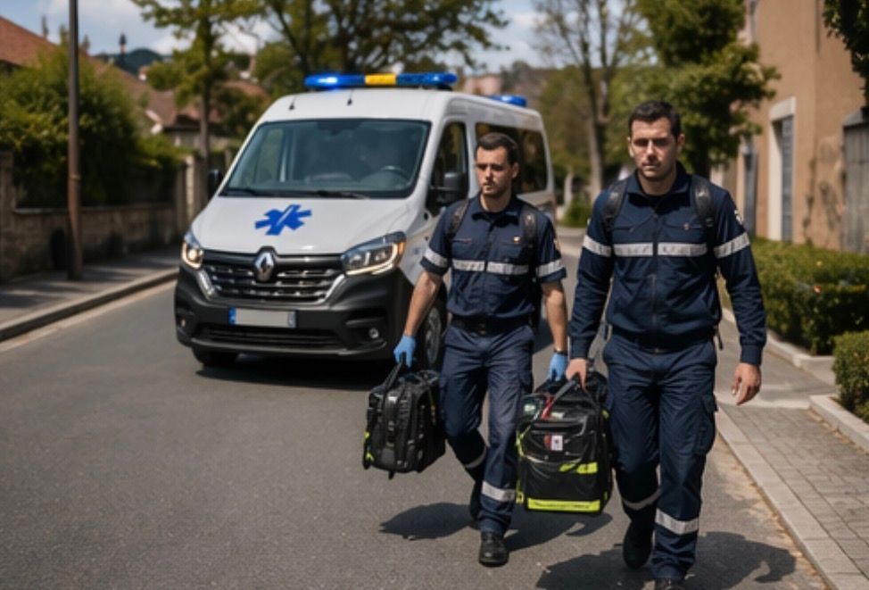 Deux ambulanciers marchent à côté d'une ambulance dans une rue résidentielle, transportant des sacs médicaux.