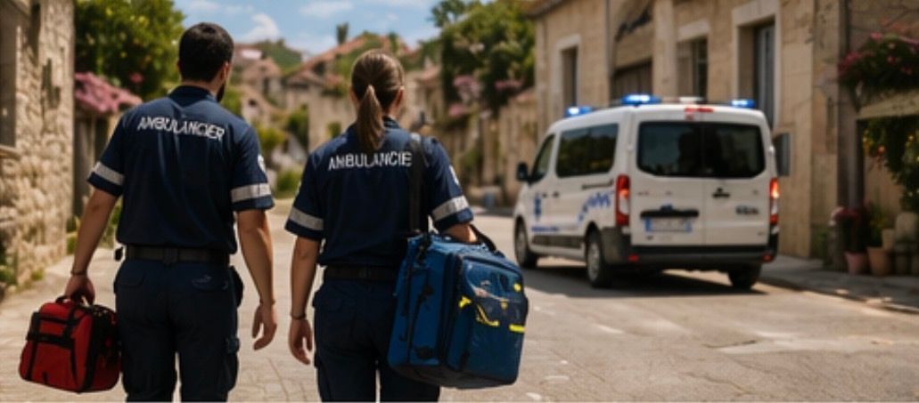 Deux secouristes en uniforme de la marine marchent vers une ambulance dans une rue de la ville, transportant des sacs médicaux.
