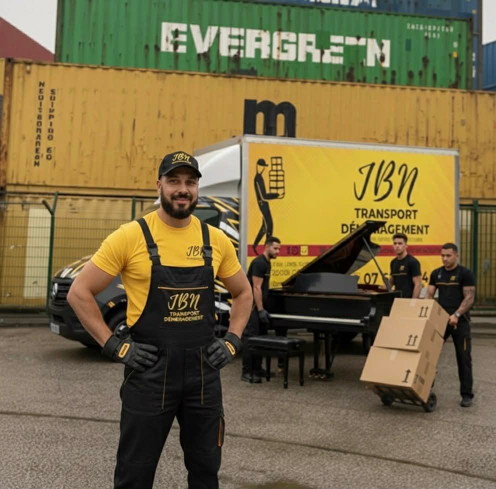 Camion de transport JBN Transport devant des conteneurs Italia et Evergreen