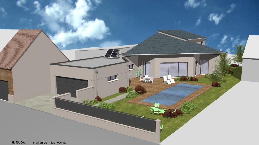 Modèle de maison contemporaine neuve avec terrasse et piscine