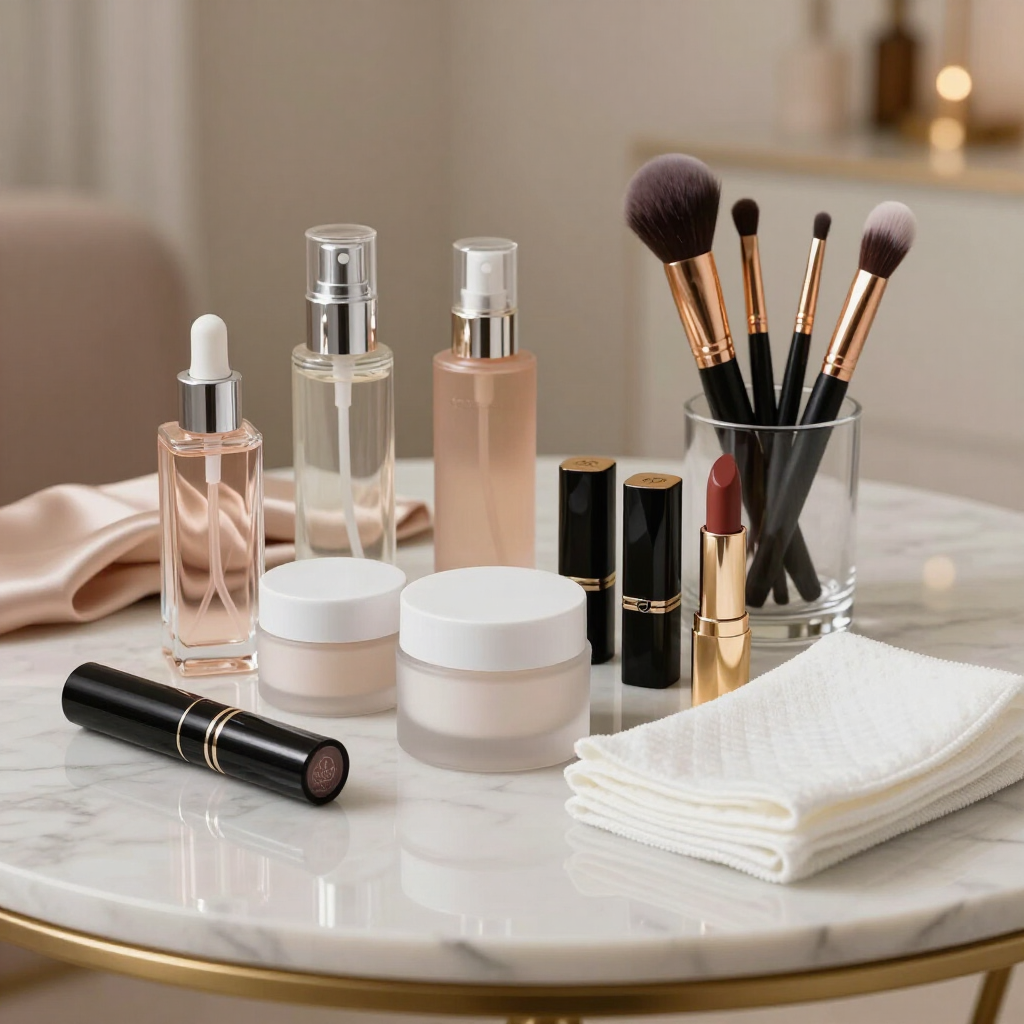 Productos de maquillaje y cuidado de la piel dispuestos sobre una mesa redonda de mármol con brochas y toallas dobladas.