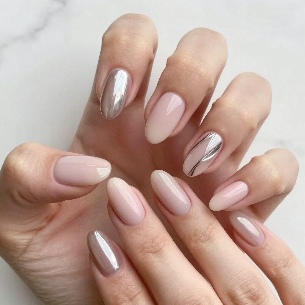 Manos con manicura rosa pálido y plateada en forma de almendra sobre un fondo blanco.