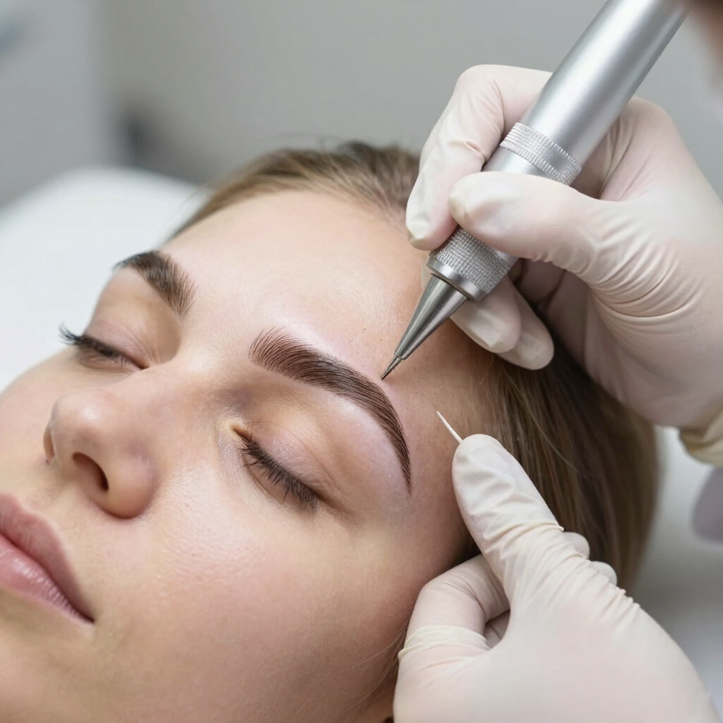 Técnica con guantes aplica un tratamiento de cejas con un dispositivo manual en las cejas de una mujer.