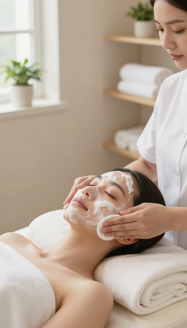 Tratamiento facial de spa con una mujer aplicando crema a una clienta en una camilla de masaje.