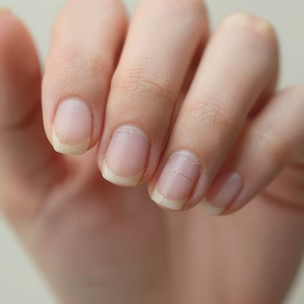 Primer plano de una mano con uñas naturales de color rosa pálido y puntas cortas.