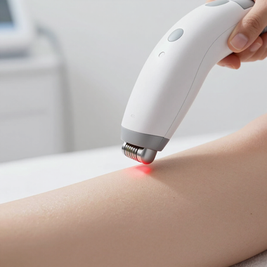 Dispositivo láser portátil que trata la piel del antebrazo, emitiendo una luz roja.