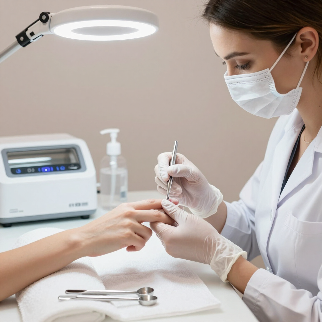 Una manicurista con mascarilla recorta las uñas de una clienta bajo una lámpara brillante en una mesa de peluquería.