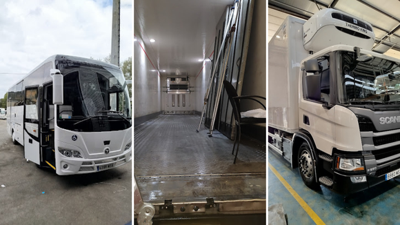 Un collage de tres imágenes de un autobús, un camión y un almacén.