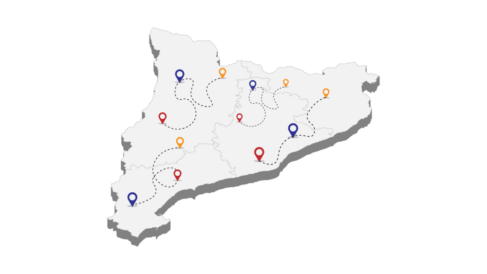 Un mapa 3D de Cataluña con marcadores.