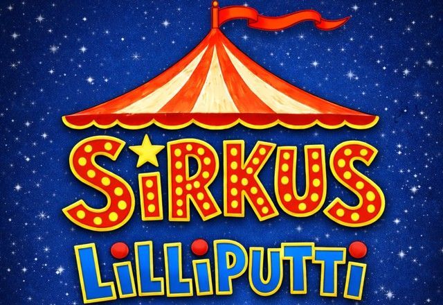 Värikäs sirkusteltta, jossa lukee