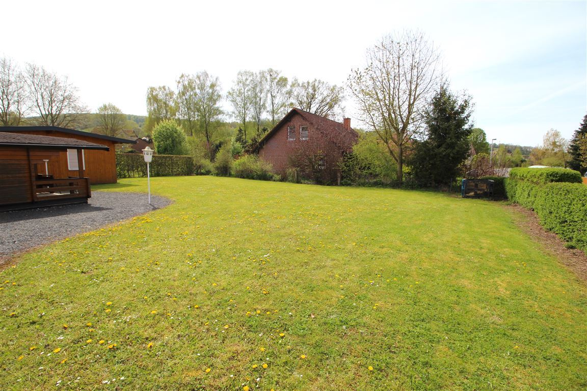Green lawn in a yard with a small cabin and house in the background. Sunny day.