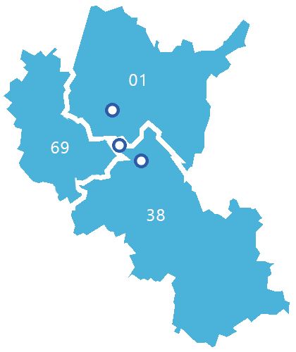 Une carte stylisée avec les numéros des départements de l'Ain, de l'Isère et du Rhône.