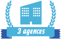 Pictogramme d'un immeuble entouré d'une couronne de lauriers avec la mention 3 agences.