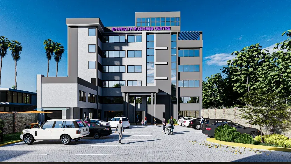 An artist 's impression of a large building with cars parked in front of it.