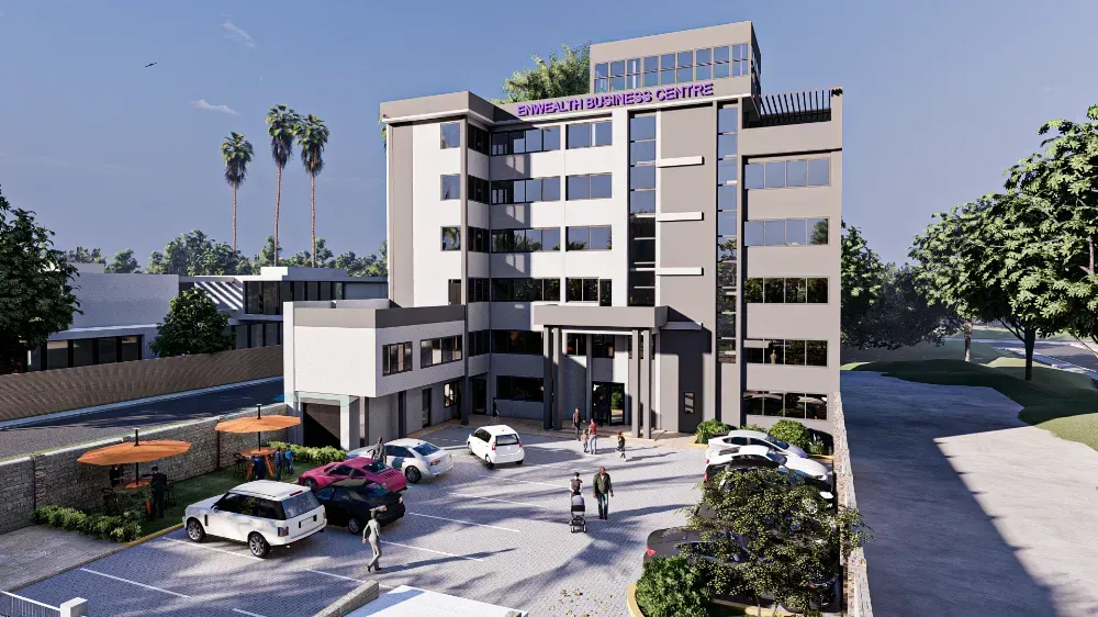 An artist 's impression of a large building with cars parked in front of it.