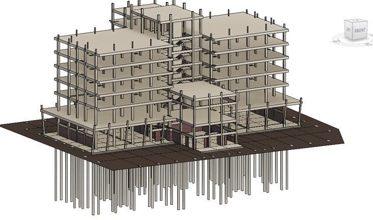 3D model of a multi-story building under construction with concrete pillars and foundation.
