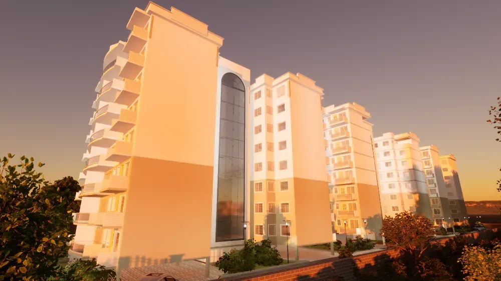 An artist 's impression of a row of apartment buildings at sunset.