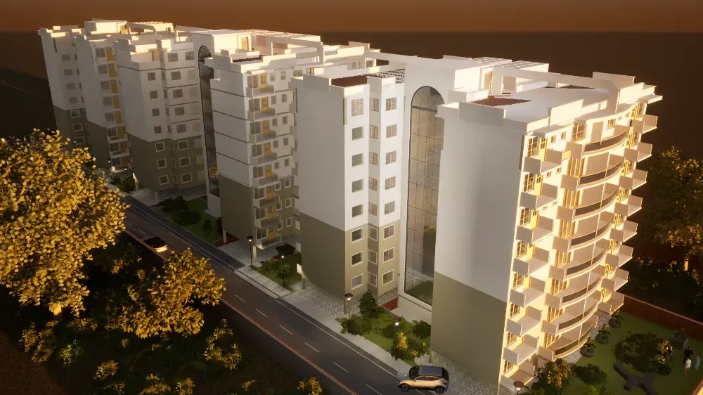 An aerial view of a building with a lot of windows