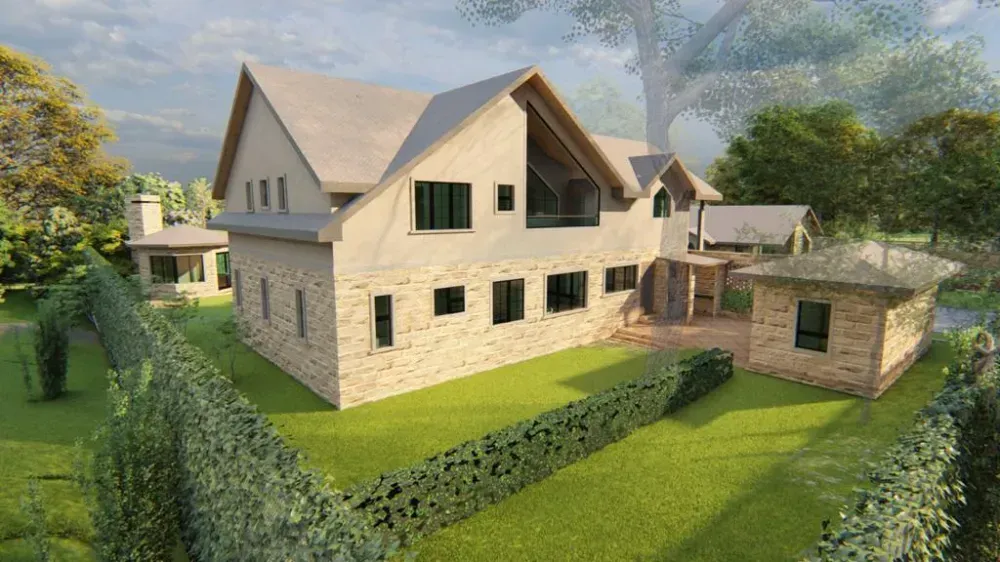 An artist 's impression of a large house with a lot of windows surrounded by trees.