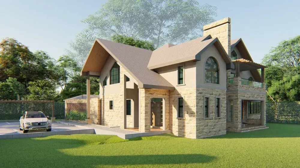 A large stone house with a car parked in front of it.