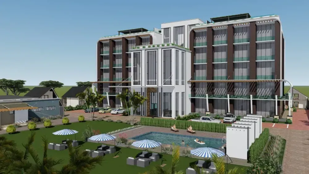 An artist 's impression of a large building with a swimming pool in front of it.