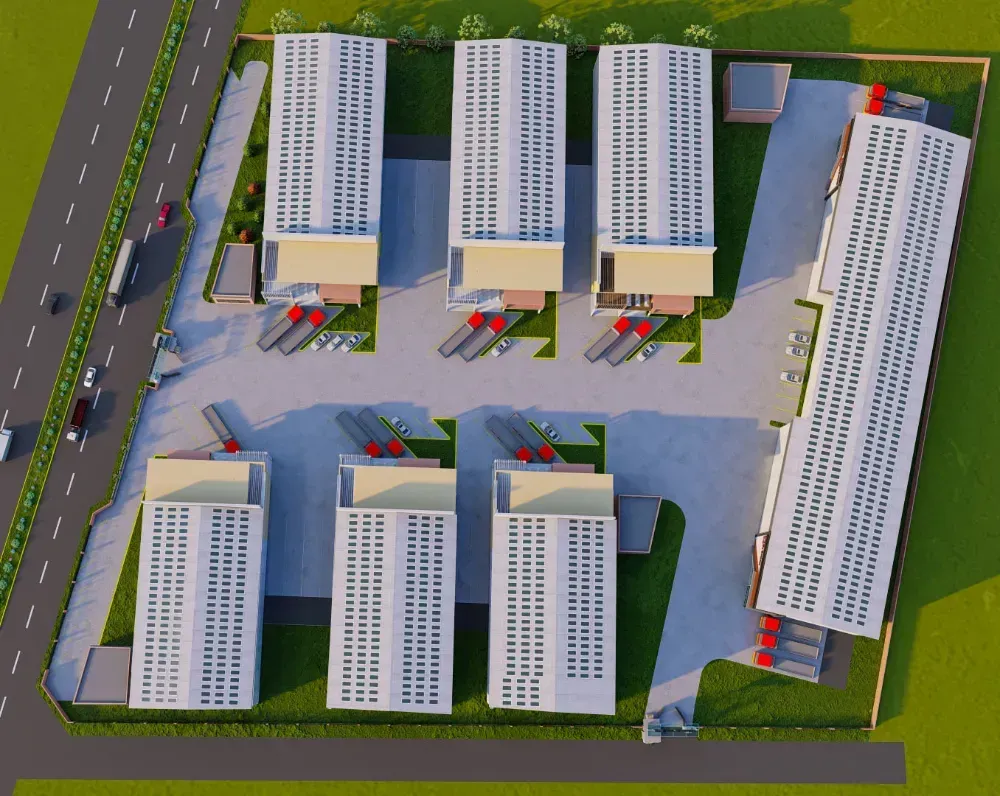 An aerial view of a building with a lot of windows