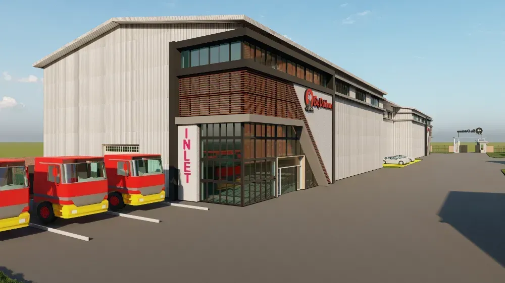 An artist 's impression of a large building with trucks parked in front of it.